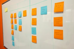 Quadro branco com post-its coloridos organizando ideias e tarefas para snippets bem-sucedidos, destacando estratégias e pesquisas.